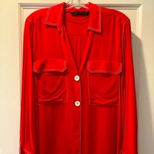 Zara Red Button Down Blouse w/ Patch Pockets, White buttons & Stitching (Sz S)